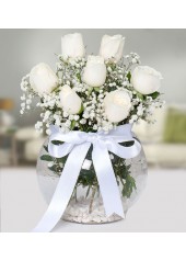 Fanusta 7 Adet Beyaz Gül Çiçeği